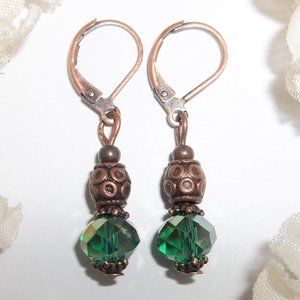 Small Boho Earring Set AB Green & Copper Beaded Dangle Jewelry Handmade NWT 5801